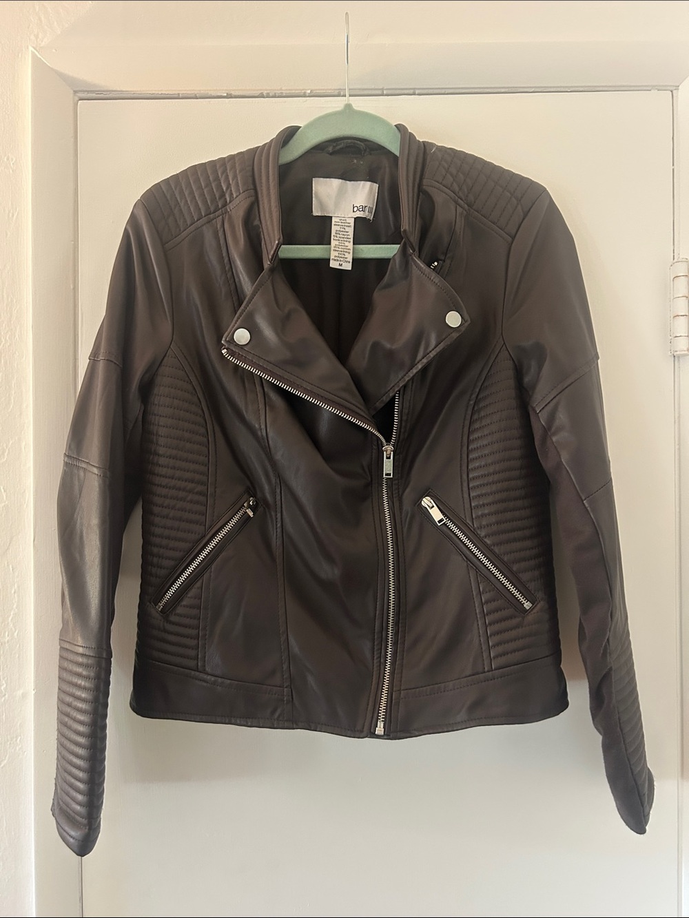 Bar III Dark Black Quilted Faux Leather Moto Jacket